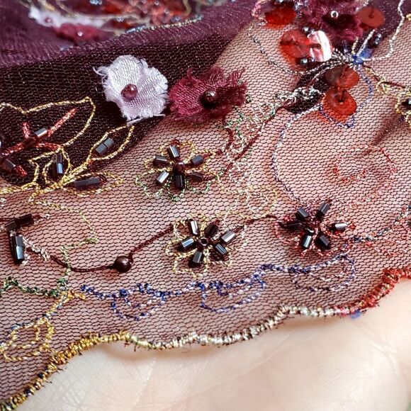 Romantic Womens Burgundy Red Tulle Dress with Floral Embellishments Size Small - Picture 16 of 16